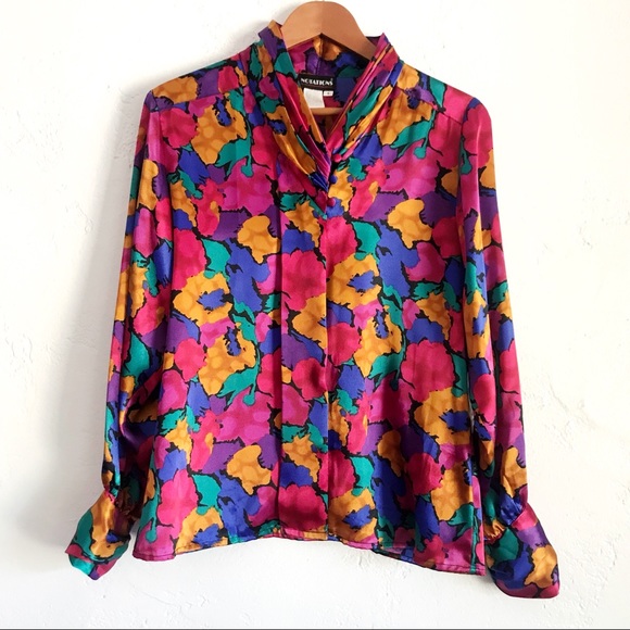 Vintage Tops - Vintage Colorful Floral Satin Button-Down Top